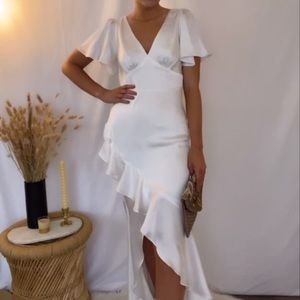 Eternal bond white satin ruffle flutter sleeve maxi from lulus